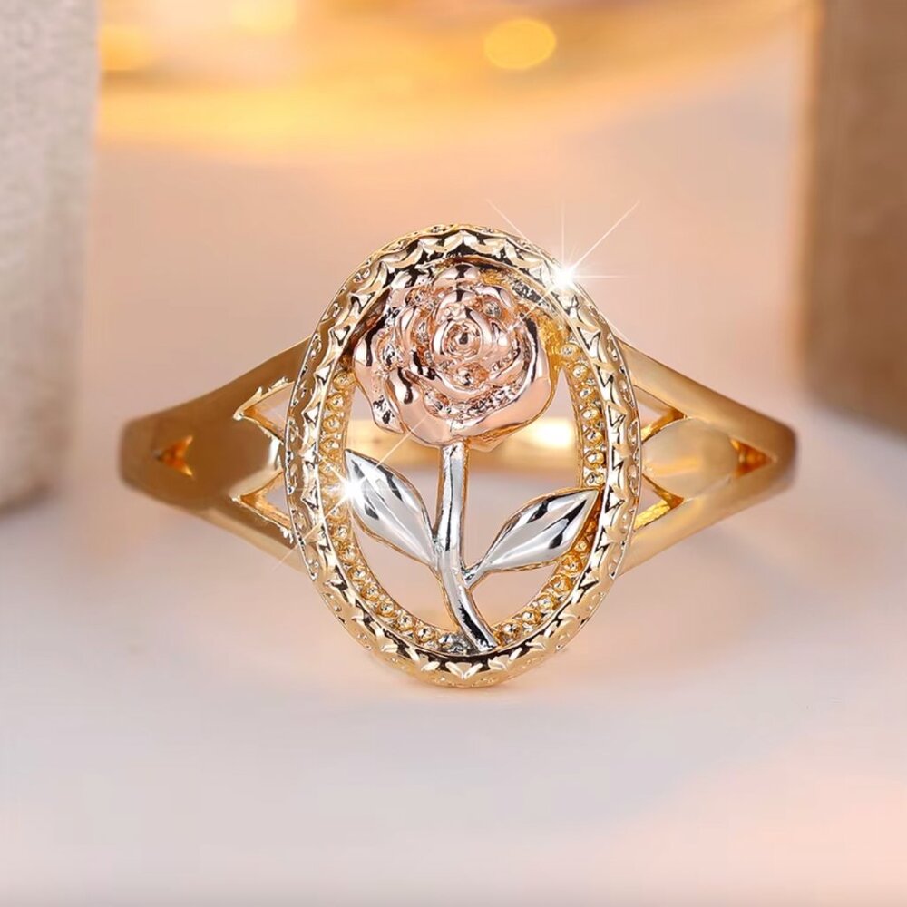 NEW 18k Yellow White Rose Gold Rose Ring Flower Ring Band Tri Tone Ring - Picture 4 of 6